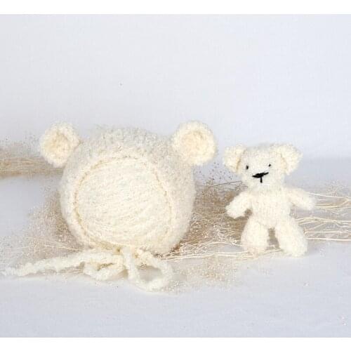 Newborn bear hat and toy set Handmade knit cotton ruffle bonnet Newborn photography props Lovey bear toy prop