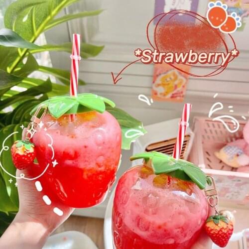 Strawberry Straw Cup Plastic Cup Cute Female Handy Milk Tea Cup Student Portable Water Cup Water Bottle
