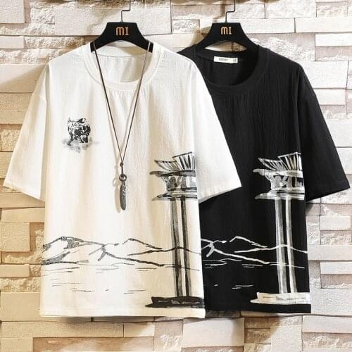 Japanese Round Neck Large Size Ink Printing Linen Summer T-shirt Religious Style Short-sleeved T-shirt Cycling T-shirt Men