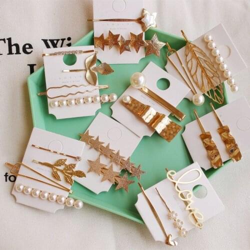 1 SET Korea Geometric Irregular Metal Hairpins Imitiation Pearl Star Leaf Shape Hair Clips Hair Accessories for Women Girls
