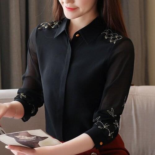 Blusas Mujer De Moda 2021 Long Sleeve Blouse Women Turn Down Collar Black Blouse Embroidery Chiffon Blouse Shirt Tops Women C970