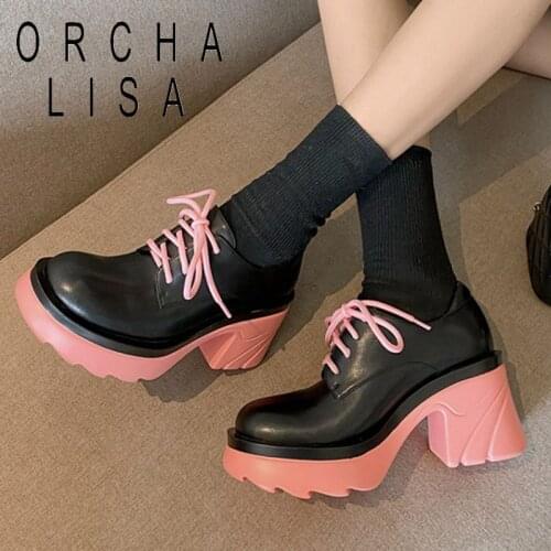 Genuine leather thick bottom Shoes Women Ankle Boots Fashion chunky Heels Spring Autumn lace-up Footwear