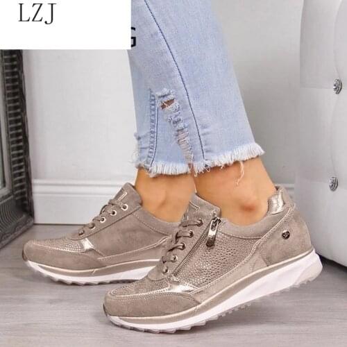 Women Sneakers Ladies Elastic Thicken Heel Running Shoes zipper Leather Platform Trainers Tenis Feminino 2020 Zapatos De Mujer