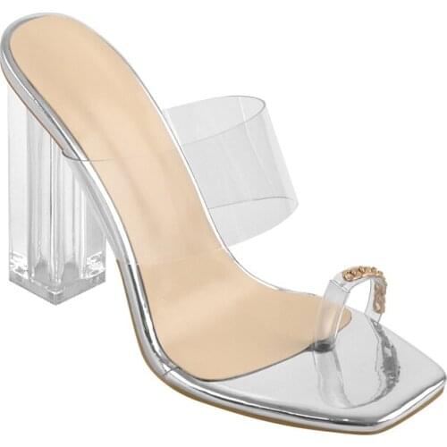 Richealnana Womens Slip-On Shoes 2021 Summer Metal Decoration Clear Square Heel Flip Flops Open Toe PVC Slipper