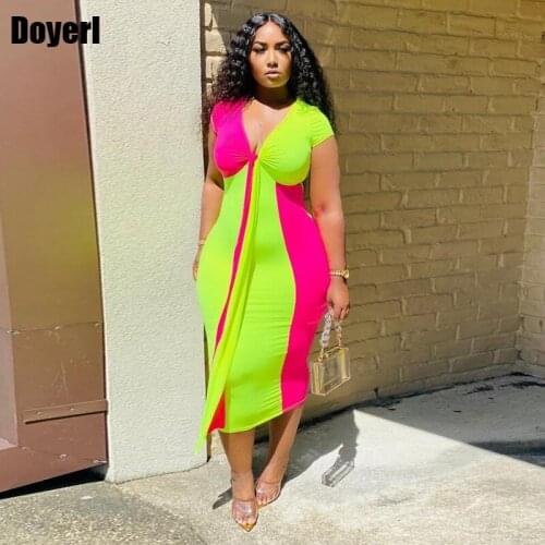 Patchwork Contrast Color Summer Party Dress Women Clothes 2021 Short Sleeve V Neck Bandage Bodycon Dress Midi Sexy Club Dresses