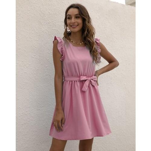 Women Robe Femme Summer Solid Color A-Line Dresses Bandage Ruffles O-Neck Sleeveless Slim Y2K Dress For Woman Vestido De Mujer