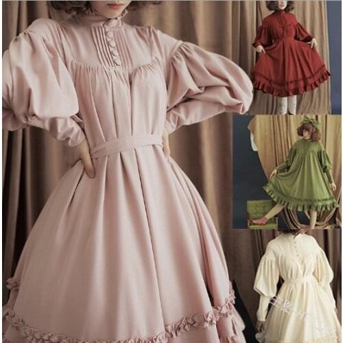 Vintage Gothic Lolita Dress Women Loose Puff Sleeve Pure Color Princess Dresses Leisure Comfort Long Sleeves Elegant Temperament