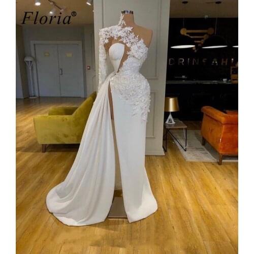 Elegant White Evening Dresses Long Mermaid Flowers Evening Gowns One Shoulder Arabic Prom Party Dresses Abiye Gece Elbisesi