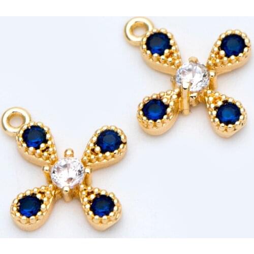 10pcs Blue CZ Gold Flower Charms 12x10mm, Real Gold plated Brass Floral Pendants, Lead Nickel Free (GB-882)