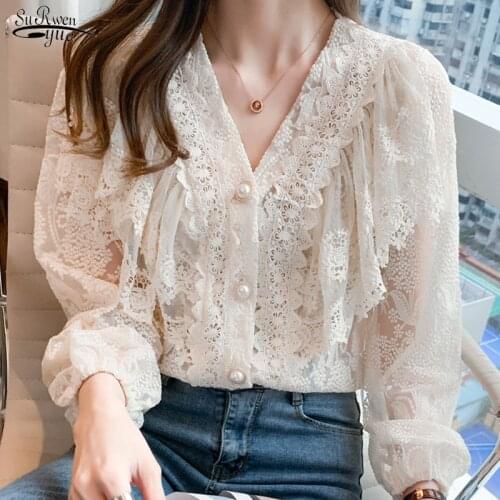 2021 V-Neck Plus Size Loose Shirts For Women Tops Puff Sleeve Lace Solid Women Blouse Embroidery Office Lady Button Shirt 13430