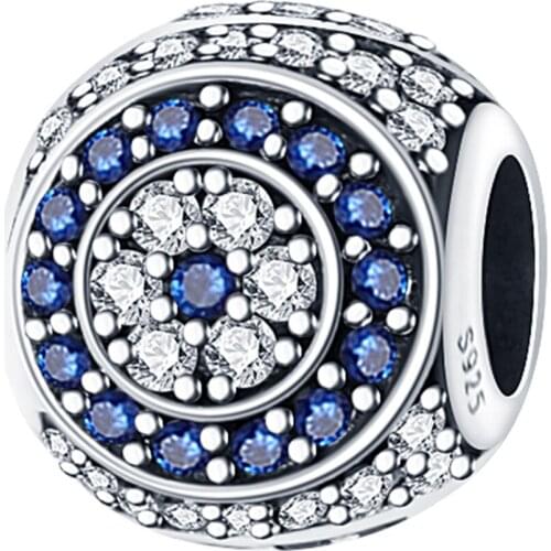 New Hot 925 Sterling Silver Fine Round Blue Zircon Beads charms Fashion DIY Jewelry Gift for Women Fit Original Pandora Bracelet