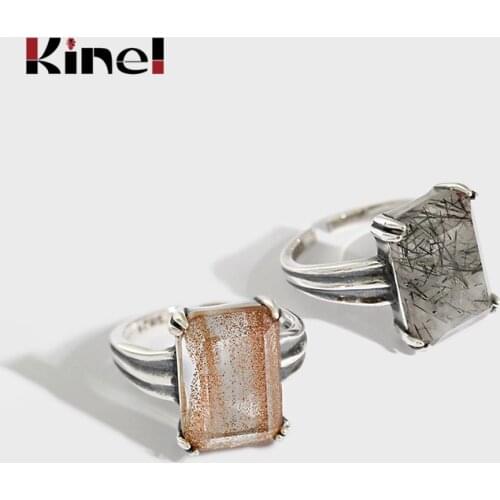 Kinel High Quality 100% Silver 925 Jewelry Square Golden Sandstone Black Crystals Natural Stone Rings for Women Gift 2021 New