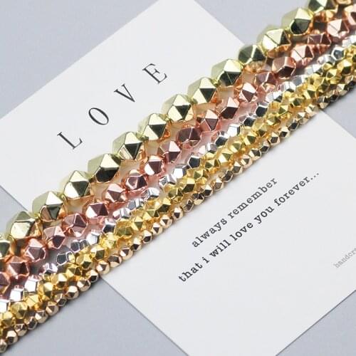 WLYeeS Faceted Round Hematite beads 3 4 6 8mm Rose gold Silvers Natural Stone Spacer loose bead for Jewelry Bracelet making Diy