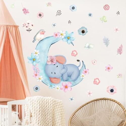 Cartoon Elephant Sleeping On The Moon Stars Wall Sticker For Baby Room Decorate