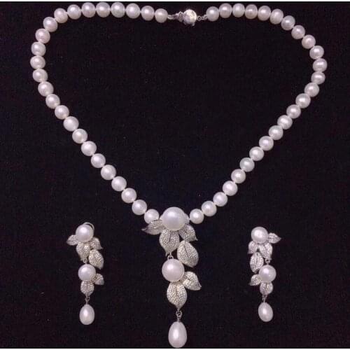 One set freshwater pearl white near round 9-10mm 46cm pendant necklace earrings wholesale for women xmas gift