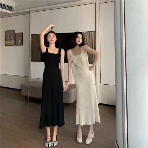 Dress Women Sleeveless Solid Knitting Slim Elegant Summer Dresses Korean Style Fashion Square Collar Sexy High Quality Casual
