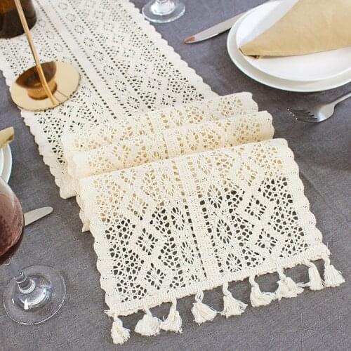 Crochet Hollow Lace Table Runner Tassels Beige 100% Cotton Wedding Decor Tablecloth Nordic Romance Table Cover Coffee Runners