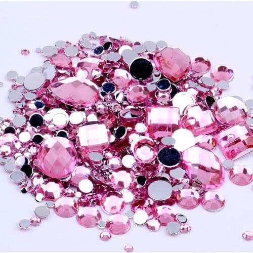 Mix Size pink Color Round Acrylic Loose Non Hotfix Flatback Rhinestone Nail Art Crystal Stones For Wedding Clothing Decorations