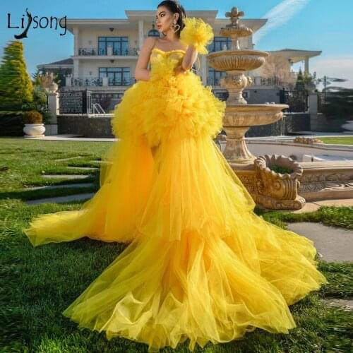 Modern 2021 Yellow High Low Tulle Prom Dresses Sweetheart Ruffles Tiered Mesh Long Prom Gowns Colored Wedding Evening Dresses
