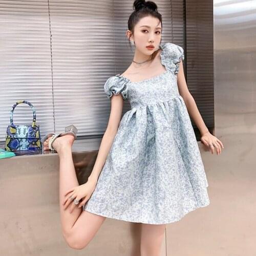 Korean Summer Mini Lolita Dress Women Cute Square Collar Party Jacquard Dress Japanese High Waist Puff Sleeve Cute Ruffles Dress