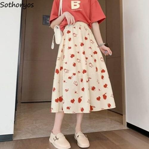 Graffiti Print Long Skirts Women Sweet Elegant Casual All-match A-line Fashion Harajuku Empire Elastic Waist Simple Daily Chic