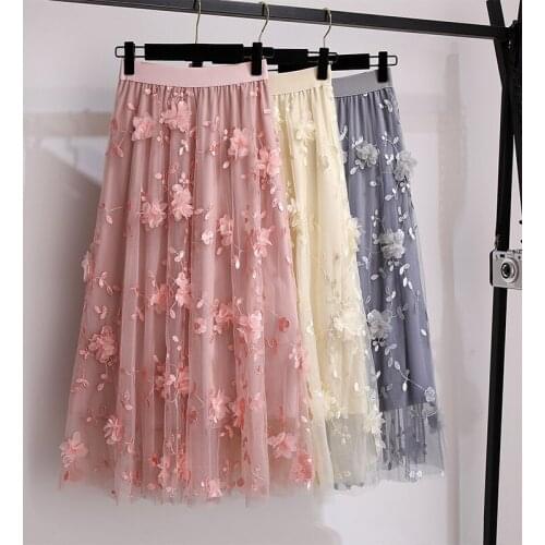 Summer Embroidered Flower Mesh Skirt High Waist Skirt Large Size Saia midi Fairy style elegant Womens Clothing