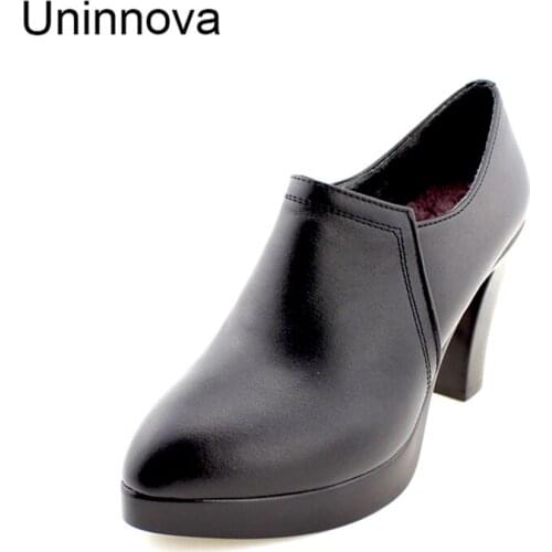 Womens Pointed Toe Genuine Leather Office Platform Comfortable Super High Heels Winter Warm Pumps Uninnova Plus Size 43 WP083
