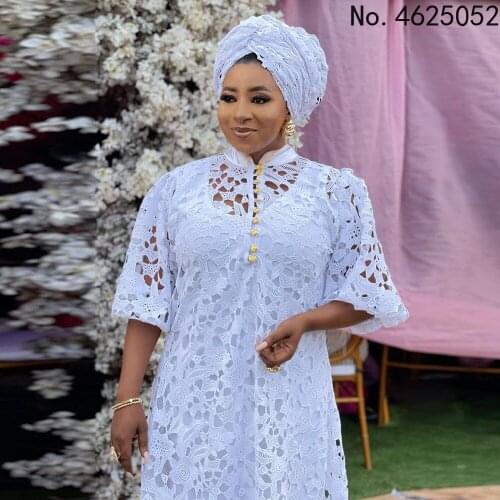 Vetement Femme 2021 White Lace Dresses Women Plus Size Kaftan Boubou Robe Musulmane Luxury Gowns Ankara Elegant Lady Clothing