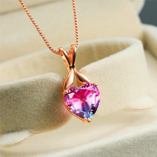 Charm Female Crystal Stone Pendant Necklace Red Green Rainbow Heart Chain Necklaces For Women rose gold color Wedding Necklace