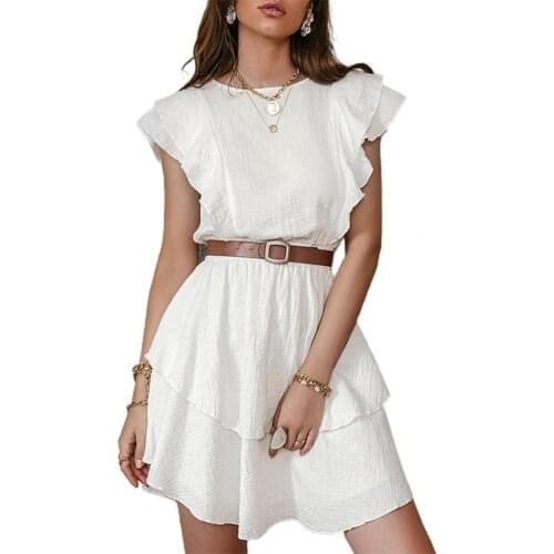 2021 Women Summer Dress Sleeveless Solid Color Round Neck Mid-length Tight Waist Female Ruffled Dresses