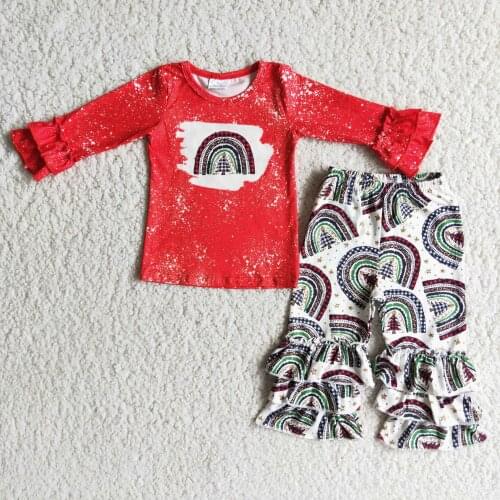 Winter Christmas Children Clothing Outfits Long Sleeve Tree Rainbow Pattern Shirt Matching Straight Pants Set