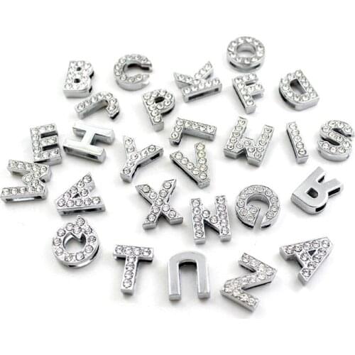 130pcs/lot 10mm Silver Color Full Rhinestones Slide Letters Fit 10mm Diy Wristband Bracelet Jewelry LSSL02