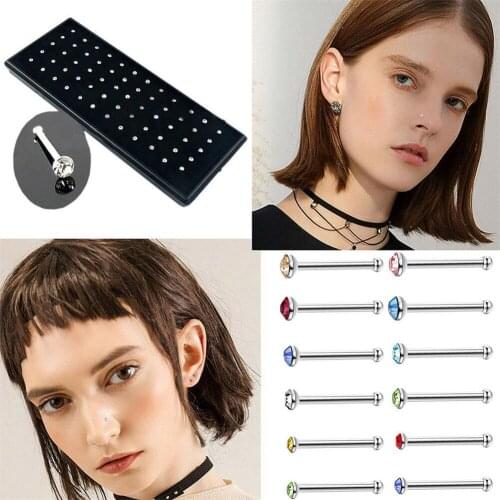 60 Individual Boxed Fahion Body Jewelry Steel Inlaid Nose Nail Piercing Rhinestone Nose Studs Crystal Nose Ring