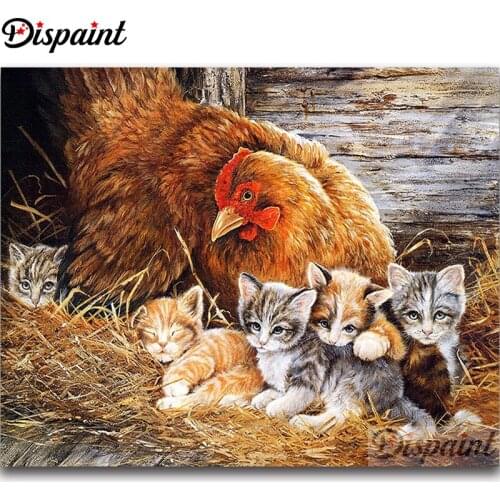 Dispaint Diamond Painting Cross Stitch Pattern 5D Diamond Embroidery "Animal cat chicken" Home Decor DIY diamond Art A25705