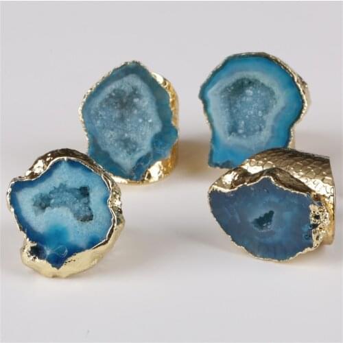 Big gold polished sky ice light dark blue geode crystal stone slice bead charm adjust open hammered ring cuff for woman man