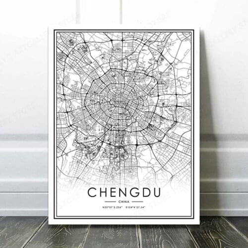 CHENGDU Black And White Map Poster Art Picture Prints Home Decor Wall Canvas Painting Decoration For Living Room