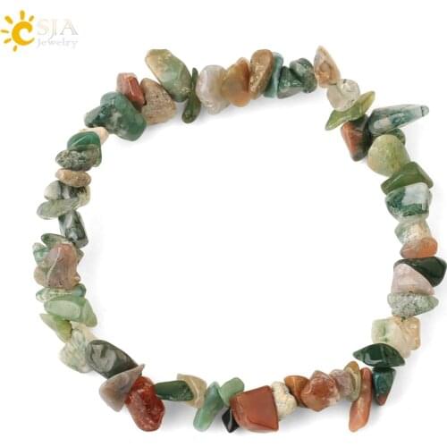 CSJA Moss Agates Bracelet Natural Stone Chip Crystal Onyx Beads Green Beaded Stretch Bracelets for Women Christmas Jewelry G638