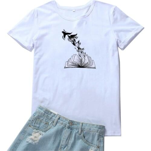 Fly Out of The Book Tee Shirt Femme Cute Birds Pattern Tshirts Women Fashion Aesthetic Printing T Shirts for Women Harajuku Tops