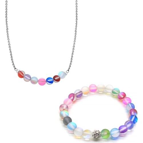 Rainbow Moonstone with Rhinestone Necklace Bracelet Set for Women Mermaid Jewelry GS036