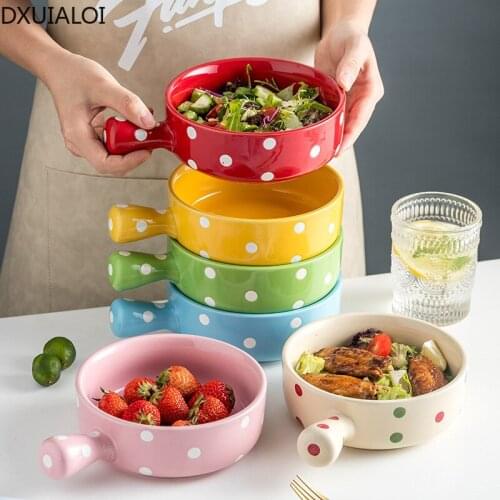 DXUIALOI Creative Wave point Ceramic Handle Bowl Home Breakfast Oatmeal Bowl Instant Noodle Bowl Restaurant Fruit Salad Bowl