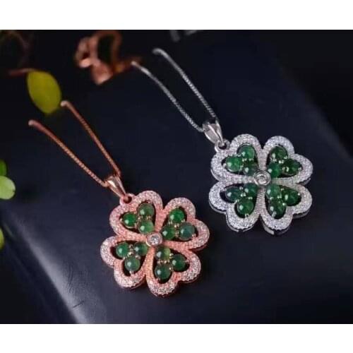 Natural green jade pendant S925 Sterling silver Natural gemstone Pendant Necklace trendy Elegant Lucky clover women girl jewelry
