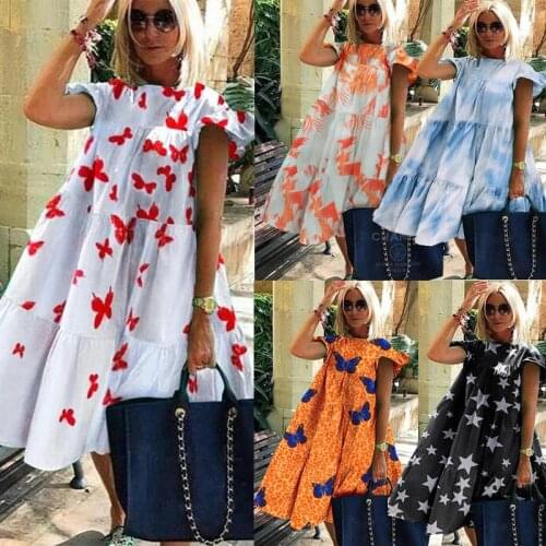 Summer Short Butterfly Sleeve Dress Women Printed Pacthwork Long Sundress Casual Retro Party Vestido Femme O-neck Dresses