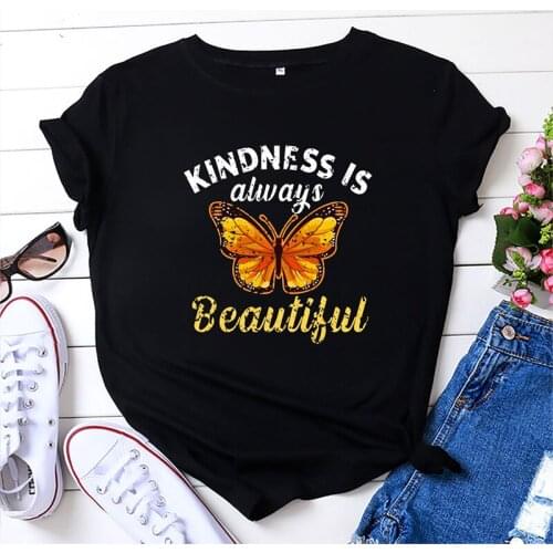 Summer Women T Shirt Plus Size Cotton Cartoon Beautiful Butterfly Print Short Sleeve Oversized Tshirts Casual Graphic Tee Tops