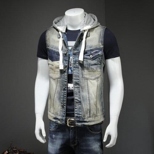 Men Hooded Detachable Vintage Denim Vest Men Street Single Breasted Cowboy Short Waistcoat College Casual Sleeveless Jacket