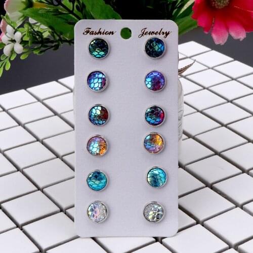 634D 6 Pairs Beauty Fish Scale Round Crystal Assorted Stud Earrings Set Women Jewelry