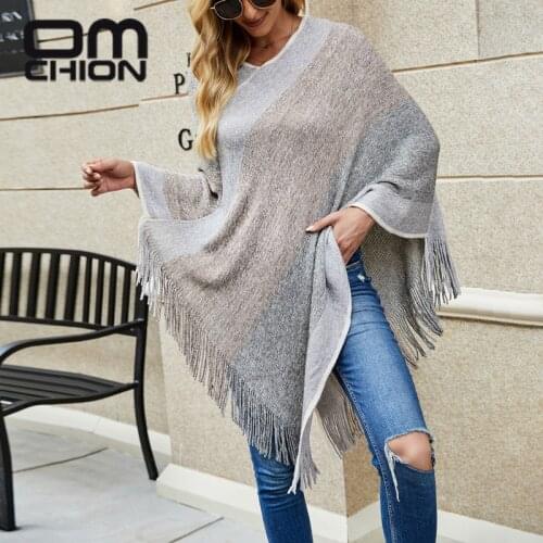 OMCHION Autumn And Winter New 2021 Womens Imitation Cashmere Stripe Contrast Color Cloak Tassel Knitted Scarf Shawl Poncho