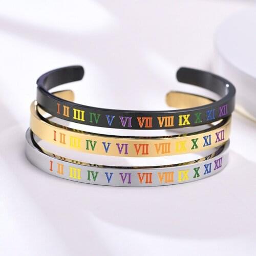 Modyle New Rainbow Roman Numerals Bangles for Men Women Black Gold Silver Color Stainless Steel LGBTQ Pride Wedding Jewelry