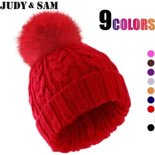 Apparel Accessories Winter Women Hat Beanie Style Promotion Brand Design Knitted Wool Bobble Warm Skullies With Real Fox Fur Top