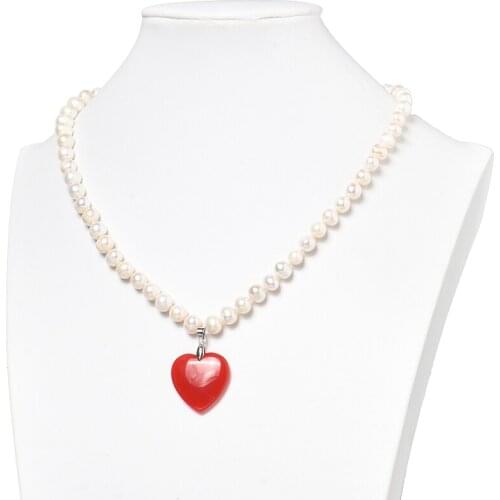 Pick Size 8-9mm Freshwater Natural Pearls Necklace with Pretty Red Heart Shape 25x25x6mm Pendant 18inch For Ladies H508
