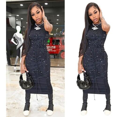 Sexy Tank Long Dress with Strings All Over Women Streetwear Sleeveless Black Dresses Turtleneck Autumn Clothes Club Party Wear